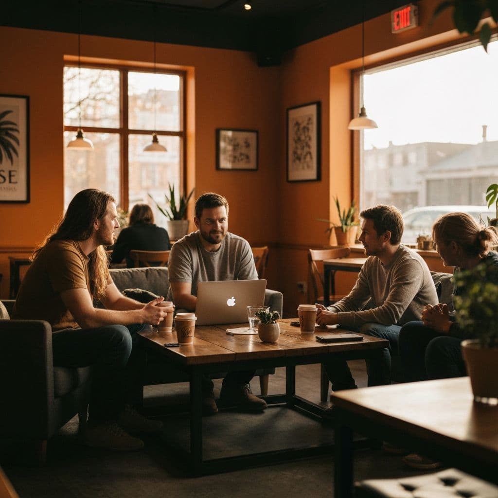 A small group of founders gathered around laptops at a sunlit cafe table