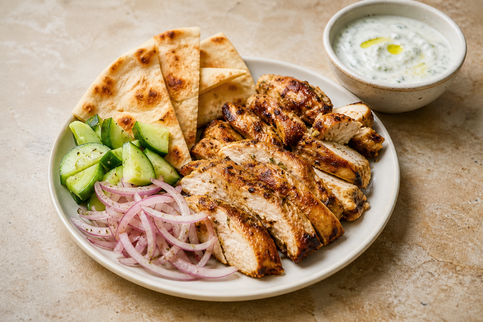 Sliced roasted chicken gyros with pita, cucumber, onion, and yogurt-style sauce.